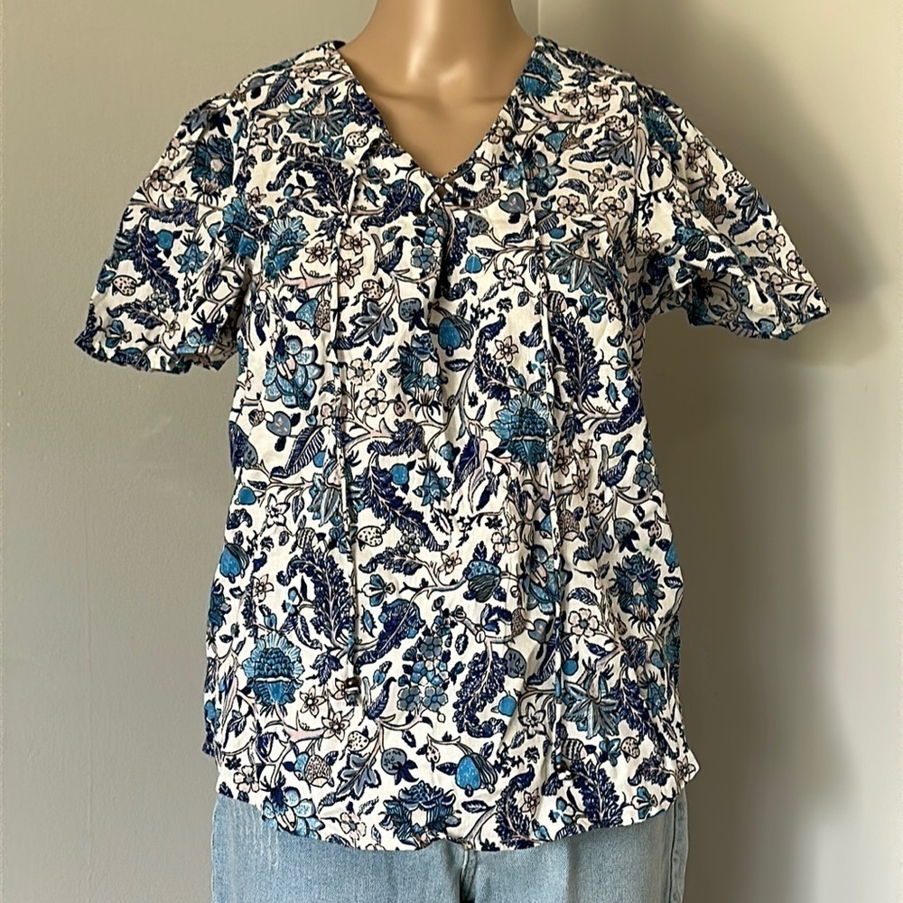 Women's Floral Top Shirt Blouse (8L98M9) Blue White Strings